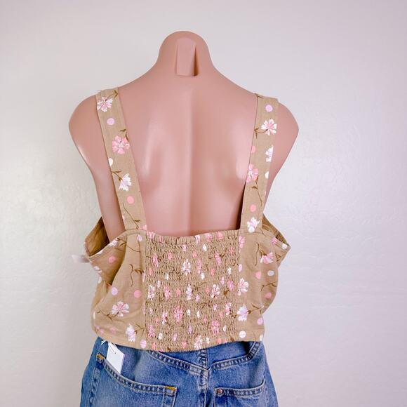BP Sophie Floral Square Neck Linen Smocked Crop Tank Top Beige Tan Size 1X NWT - Picture 5 of 9